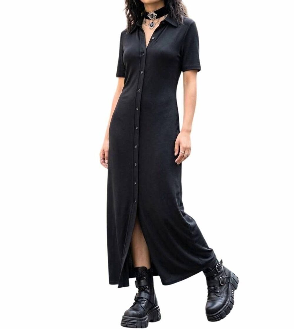 Talbots 90s Black collared slinky long button down shirt dress short sleeve S
